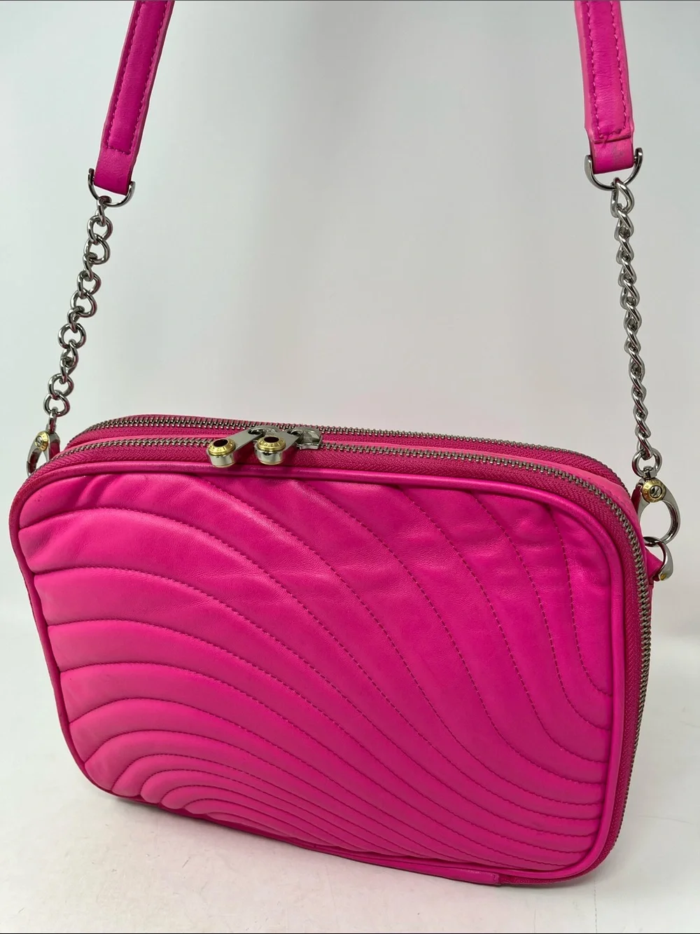 RARE Henri Bendel No. 7 East West Quilted Leather iPad Crossbody Bag - Hot Pink
